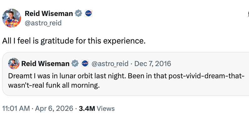 Et innlegg på sosiale medier av Reid Wiseman som uttrykker takknemlighet og husker en livlig drøm om å gå i bane rundt månen