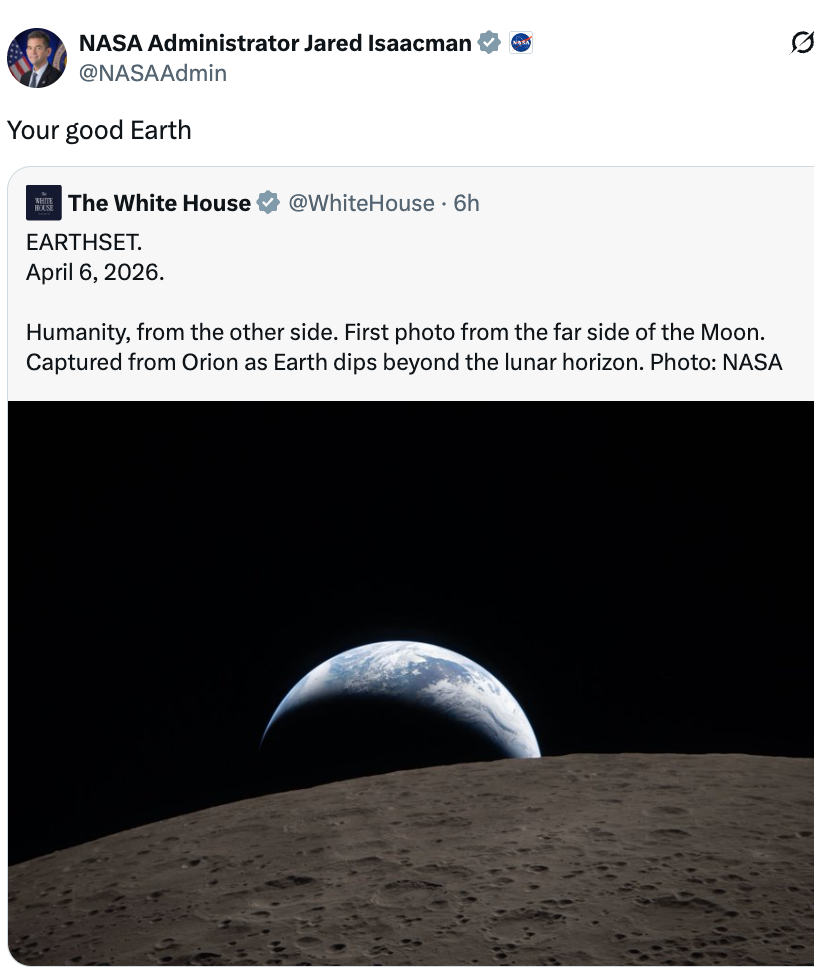 NASA-tweet som viser Jorden som stiger over månens horisont, fra romfartøyet Orion. Bildet fremhever månens overflate i forgrunnen