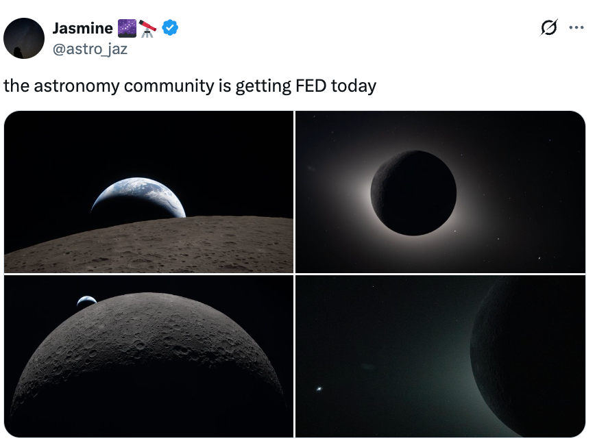 Fire bilder av himmellegemer i verdensrommet: Jorden stiger over månen, solformørkelse, nærbilde av månen og en fjern planet med små lysende prikker