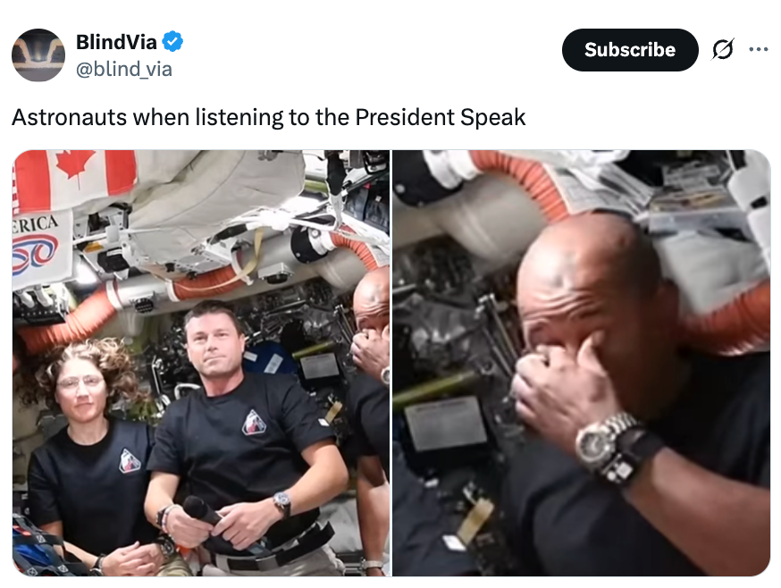 Delt bilde av astronauter som virker seriøse i et romfartøy, med en spøkefull bildetekst om å lytte til presidenten