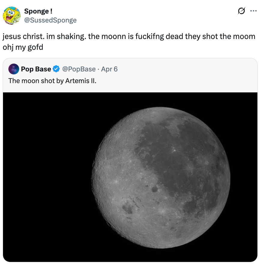 En tweet beskriver humoristisk sjokk over et bilde av månen tatt av Artemis II-oppdraget