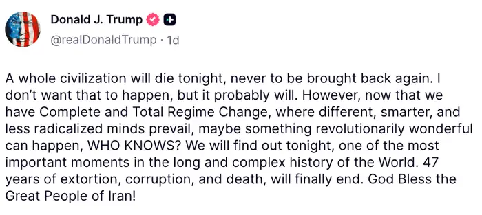 Bildet viser et innlegg i sosiale medier av Donald J. Trump angående potensielle regimeendringer og deres innvirkning i Iran, og nevner historisk betydning