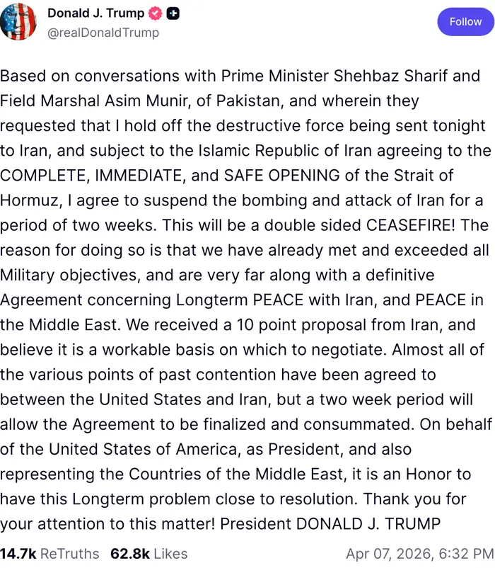 Sammendrag av en uttalelse som diskuterer en våpenhvileavtale med Iran, forslag til deeskalering og innsats for fred i Midtøsten