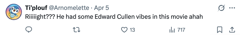 Tweet som nevner at noen hadde Edward Cullen-vibes i en film