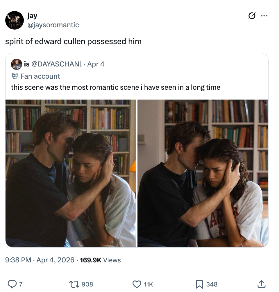 En tweet som viser en kjærlig scene fra et TV-program eller en film, med en mann og kvinne som omfavner tett