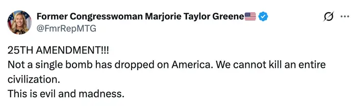 Tweet fra tidligere kongresskvinne Marjorie Taylor Greene som ber om det 25. endringsforslaget, og sier at ingen bomber har sluppet og kritiserer potensielle handlinger