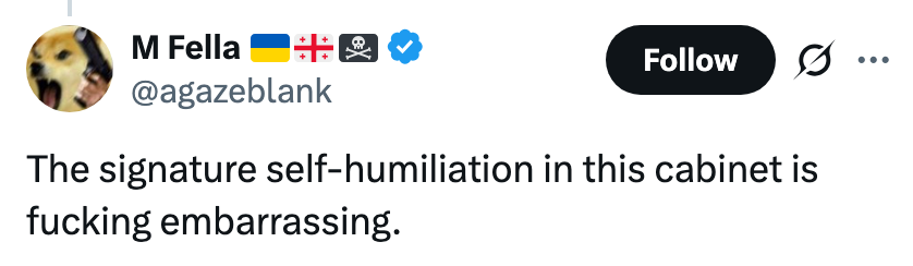 Tweet av bruker @agazeblank: "Signaturen selvydmykelse i dette kabinettet er pinlig."