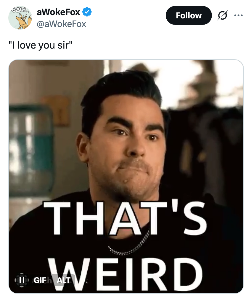 Mann med et skeptisk uttrykk og lukkede lepper, akkompagnert av teksten: "I love you sir" og "DET ER VÆRT"