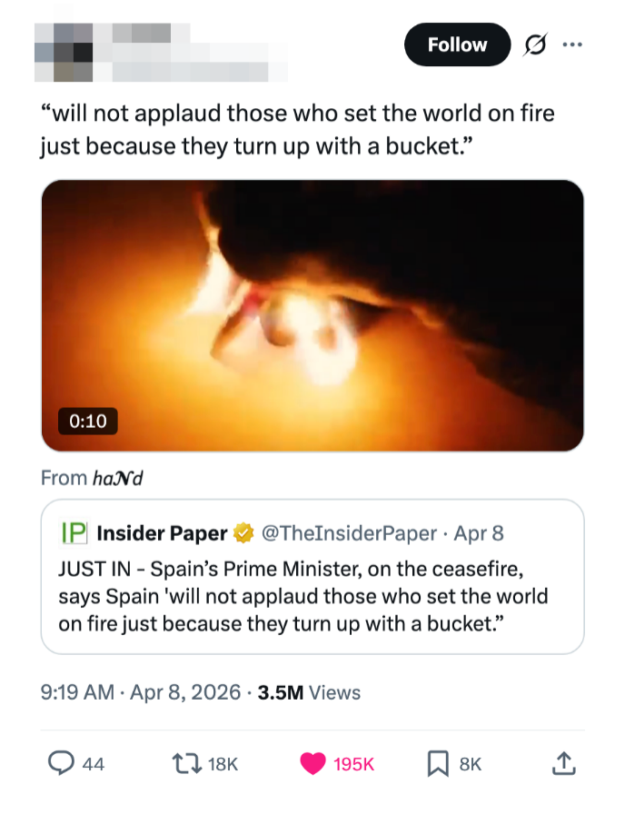 Video av en hånd som holder en brennende fyrstikk. Tweet fremhever Spanias uttalelse om en våpenhvile