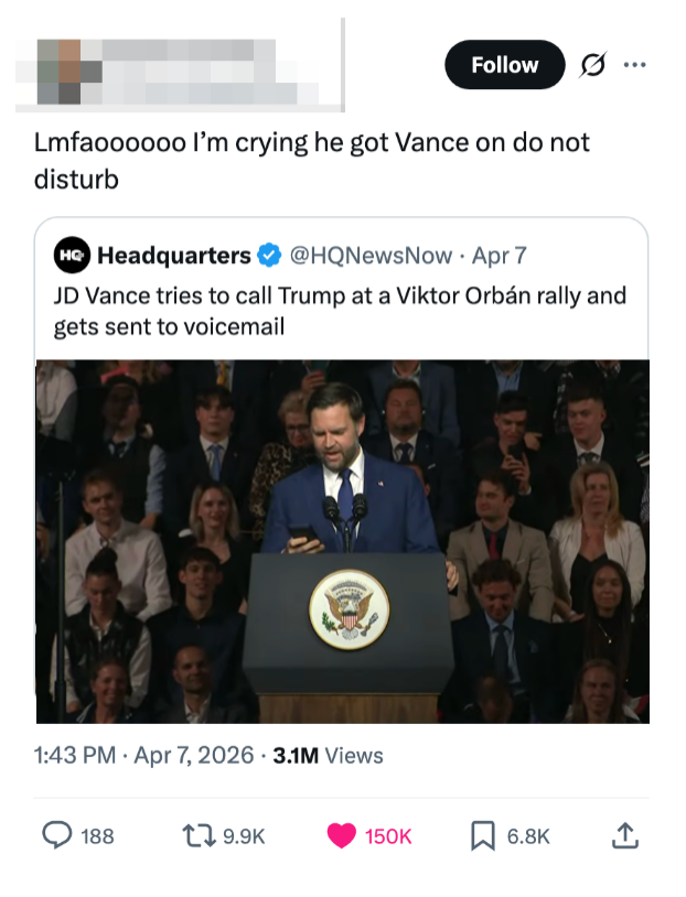 Tweet-skjermbilde: HQ News rapporterer at JD Vance prøver å ringe Trump på et Viktor Orbán-rally, men når telefonsvareren. Kommentar uttrykker humor om situasjonen