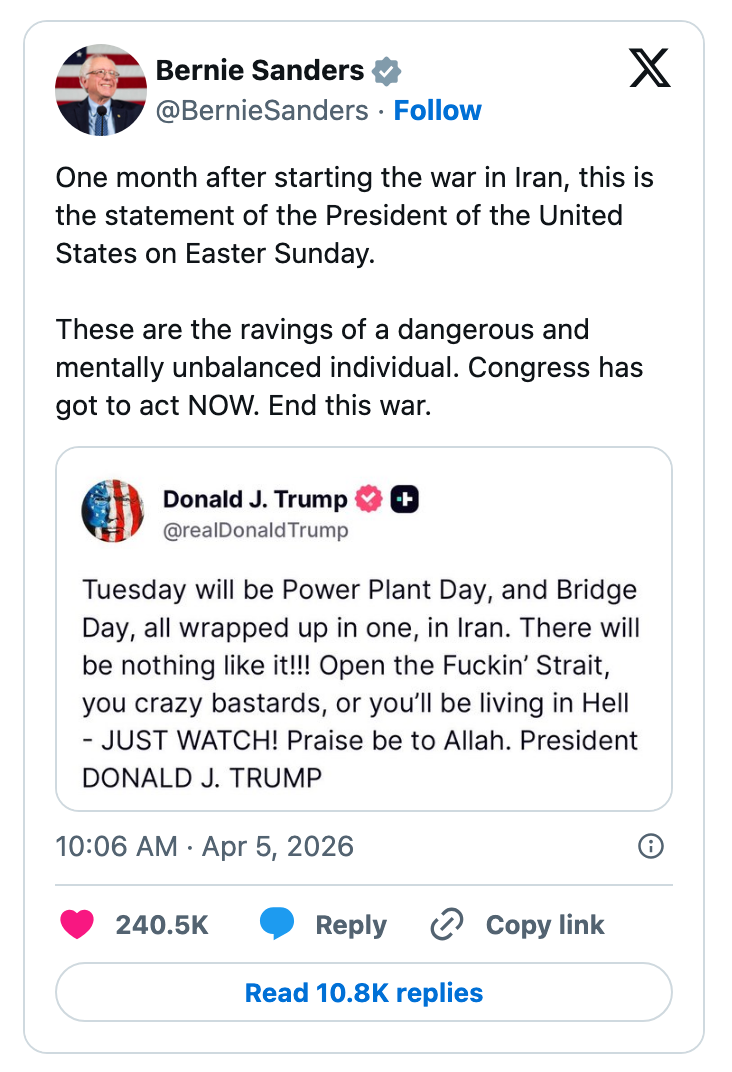 Sosiale medier-innlegg med Bernie Sanders som fremhever en bekymringsfull tweet fra Donald Trump, og oppfordrer kongressen til å handle umiddelbart for å forhindre krig