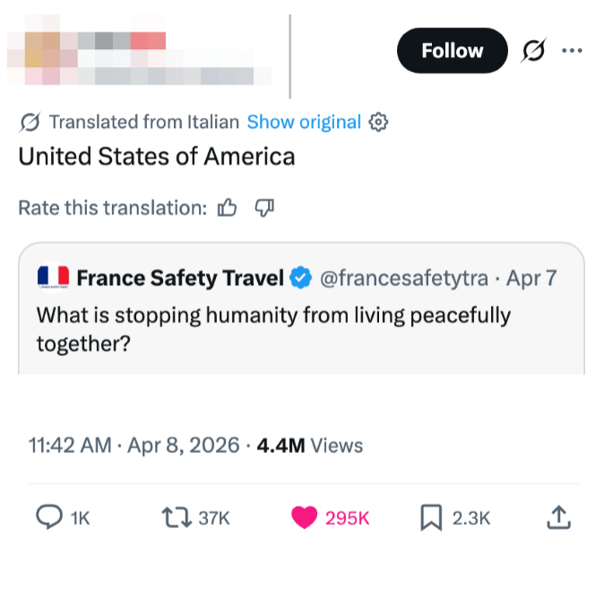 Tweet av France Safety Travel: "Hva hindrer menneskeheten i å leve fredelig sammen?"