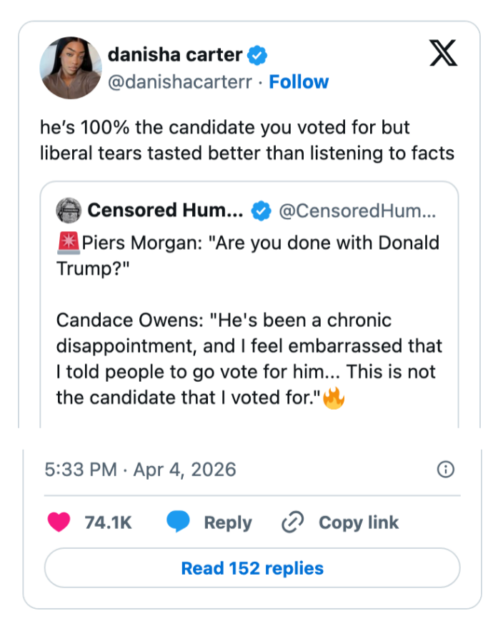 Sosiale medier-innlegg som viser en sitert tweet fra en bruker som uttrykker skuffelse over en politisk skikkelse de tidligere støttet