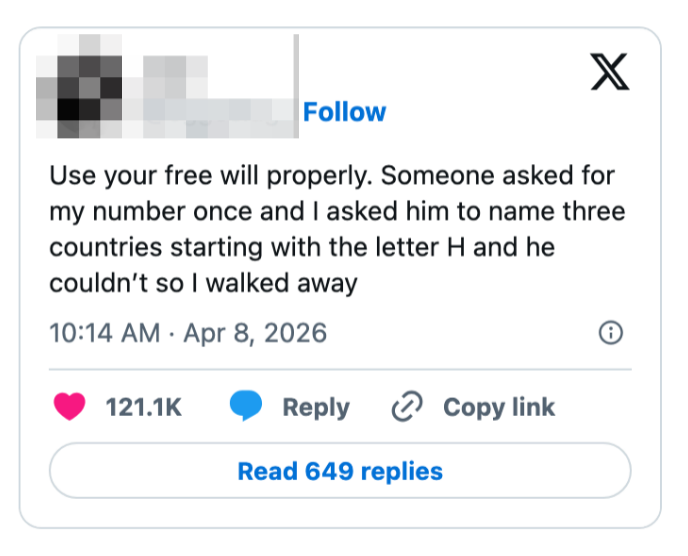 Innlegg på sosiale medier: Brukeren husker humoristisk at han nektet å gi nummeret sitt til noen som ikke kunne nevne tre land som begynner med 