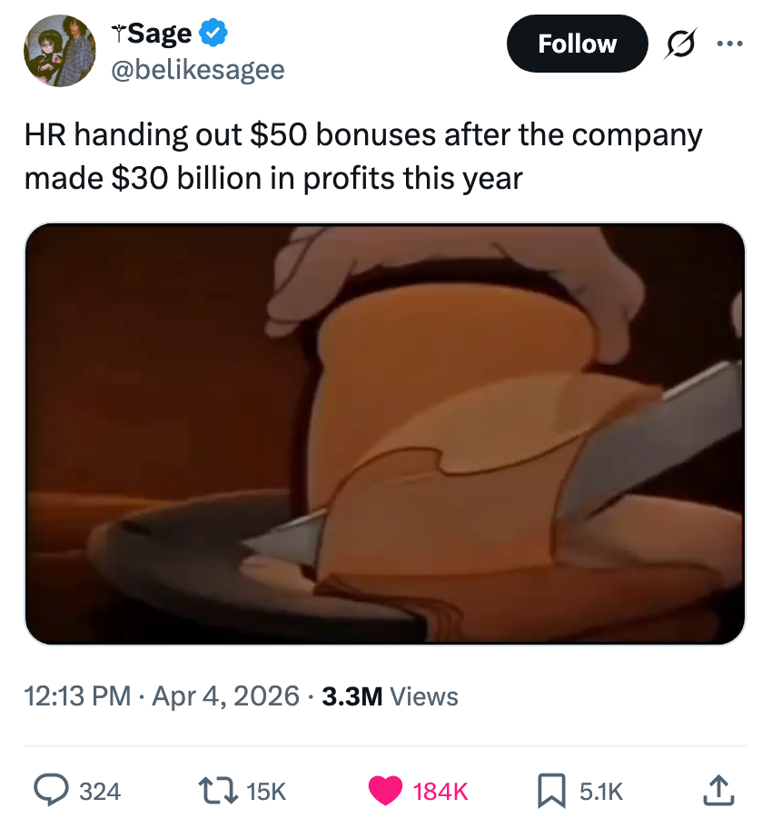 Oppskåret brød blir kuttet, brukt som en humoristisk metafor for små bonuser til tross for store bedriftsoverskudd. Tweet av brukeren "Sage."