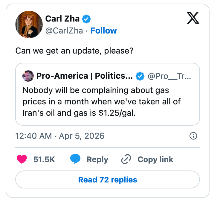 Tweet viser Carl Zha som ber om en oppdatering på en sitert tweet som forutsier lave gasspriser etter å ha tatt Irans olje innen 5. april 2026