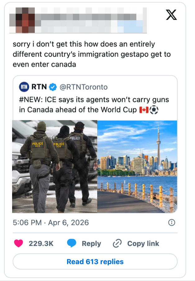 En tweet med et svar: ICE-agenter vil ikke bære våpen i Canada for verdensmesterskapet; svar på spørsmål hvordan utenlandske immigrasjonsagenter kan operere i et annet land