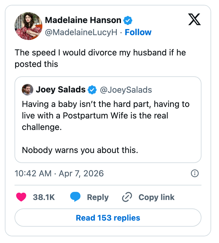 Sosiale medier-innlegg av en bruker om raskt å skille seg fra mannen sin hvis han la ut en melding om utfordringene ved å leve med en kone etter fødselen