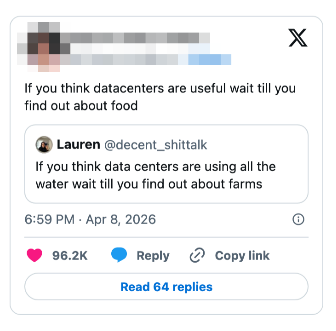Tweet om vannbruk, sammenligne datasentre og gårder, med betydelig engasjement
