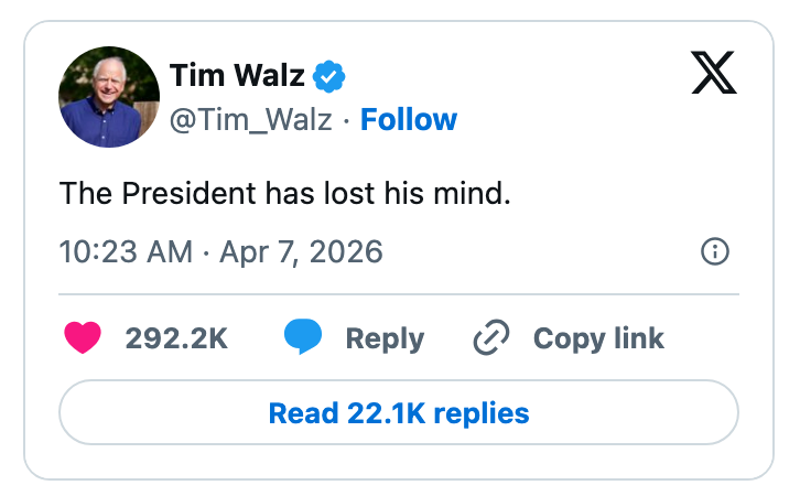 En tweet av Tim Walz datert 7. april 2026, som sier: 