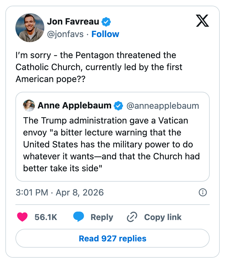 Tweet spørsmål om Pentagon truet den katolske kirken, ledet av en amerikansk pave, med henvisning til en Vatikanets utsendings advarsel om amerikansk makt