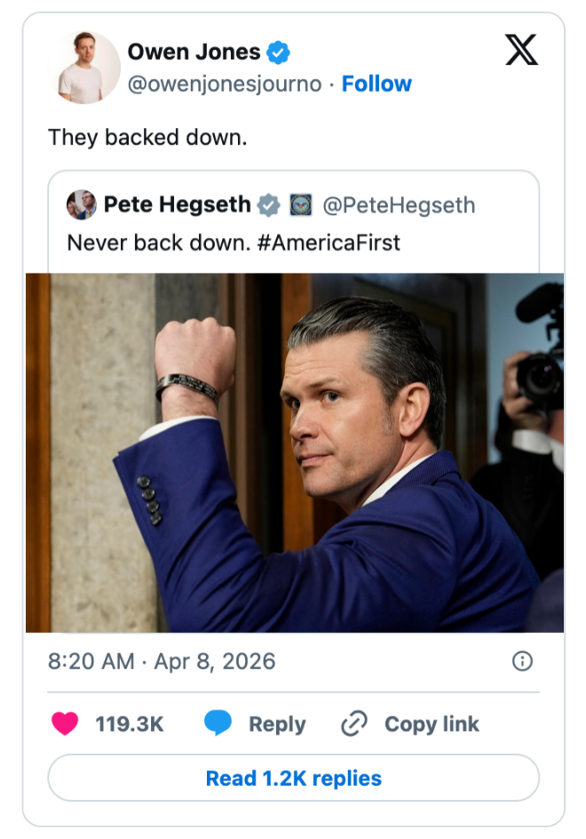 Tweet viser Owen Jones kommentere, 