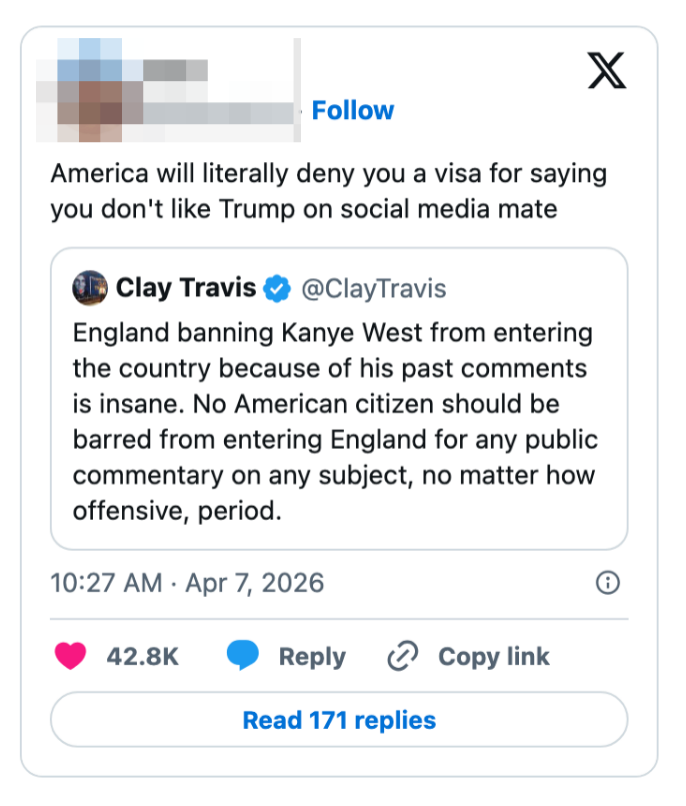 Innebygd tweet av Clay Travis om at England forbyr Kanye West på grunn av tidligere kommentarer, diskuterer ytringsfrihet og offentlige kommentarer