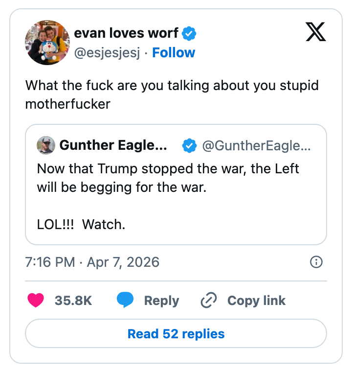 Tweet-svar med banning utfordrer en tidligere tweet som hevder at venstresiden vil tigge om krig nå som Trump stoppet den
