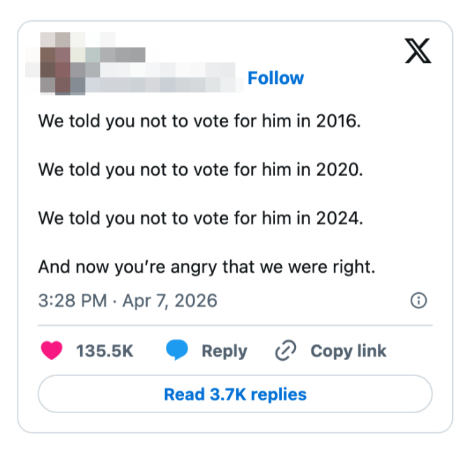 Tweet som forutsier velgerens anger for ikke å ha fulgt advarsler mot en spesifikk kandidat i 2016, 2020 og 2024