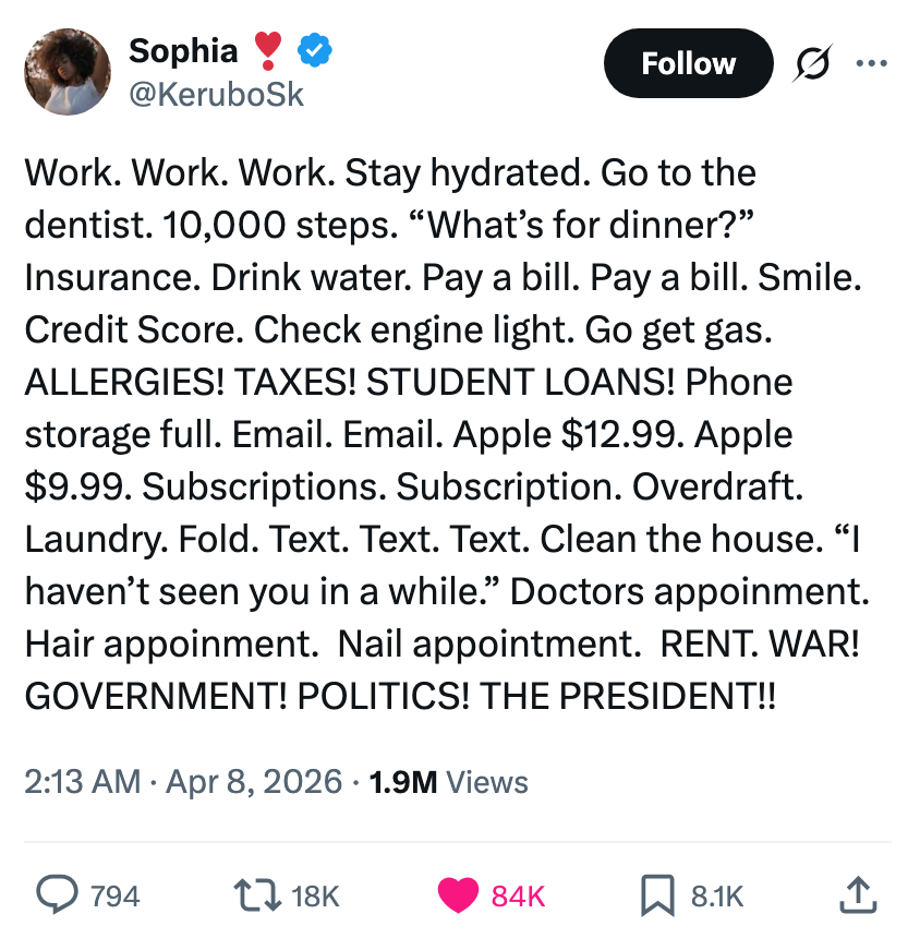 Tweet som viser daglige oppgaver og bekymringer som hydrering, trening, regninger og stress om regjering og politikk, og slutter med at det haster og vektlegges