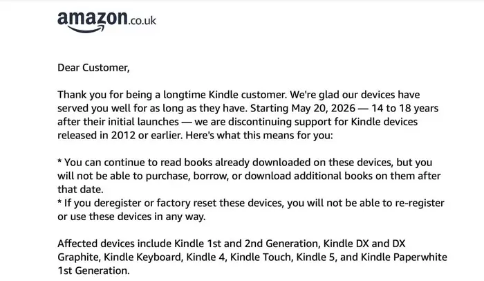 Amazon-varsel: Kindle-enheter utgitt i 2012 eller tidligere vil miste støtte for nedlasting fra og med 20. mai 2026. Eksisterende nedlastinger påvirkes ikke