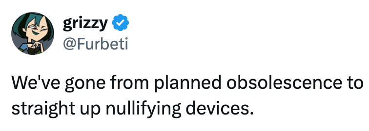 Tweet av @Furbeti: "Vi har gått fra planlagt foreldelse til rett og slett ugyldige enheter."