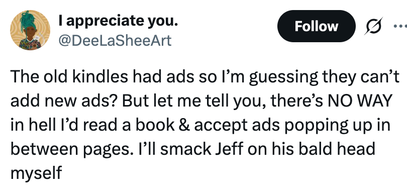 Tweet som uttrykker frustrasjon over annonser på Kindle-enheter, og nevner humoristisk ønsket om å slå administrerende direktør Jeff på hodet