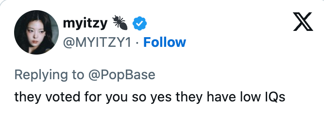 Svar fra @MYITZY1: "de stemte på deg, så ja, de har lav IQ"