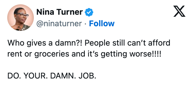 Tweet av Nina Turner som kritiserer økende levekostnader og oppfordrer til handling