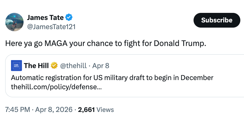 Tweet av @JamesTate121 som deler en lenke til en artikkel om automatisk registrering av amerikansk militært utkast som starter i desember