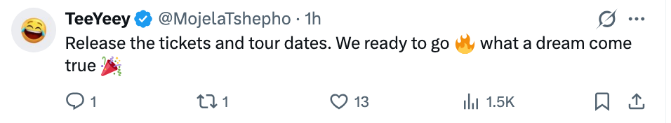 Tweet av brukeren "TeeYeey" sier: "Slipp billettene og turnédatoene. Er vi klare til å gå? hva en drøm som gikk i oppfyllelse?"