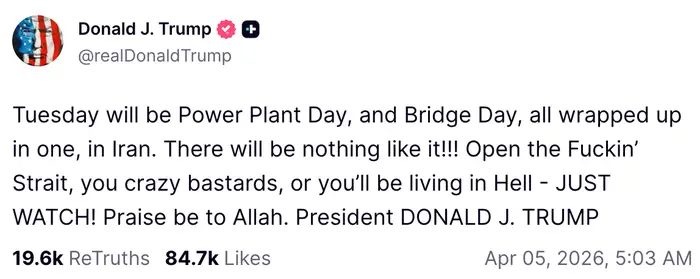 Tweet av Donald J. Trump om en begivenhet i Iran kalt Power Plant Day og Bridge Day, med en sterk advarsel