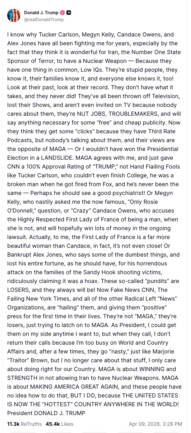 Sammendrag av innlegg i sosiale medier som uttrykker meninger om mediepersonligheter og deres holdning til politiske saker, nevner ulike TV-verter og temaer