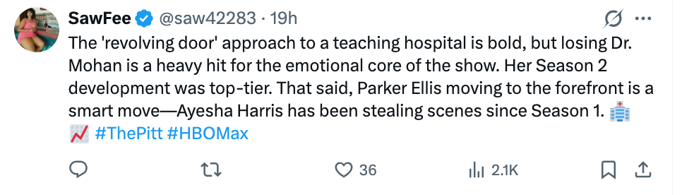 Tweet som diskuterer et TV-program: Priser en dristig 'svingdør' narrativ og fremhever karakterskifter. Nevner #ThePitt #HBOMax