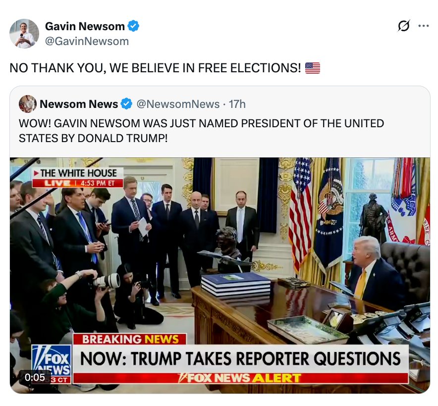 Tweet fra Gavin Newsom som avviser en falsk nyhetsgrafikk som hevder at han ble utnevnt til USAs president av Donald Trump