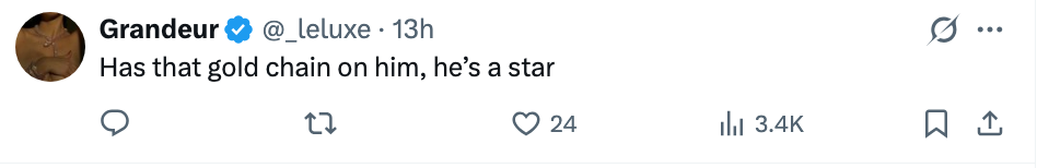 Tweet av bruker, "@_teluxe," sier, "Har gullkjeden på seg, han er en stjerne," med 3,4K likes