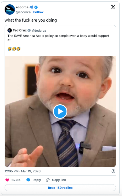 Et lite barn i dress og slips vises i et innlegg på sosiale medier som håner en tweet om en politisk politikk