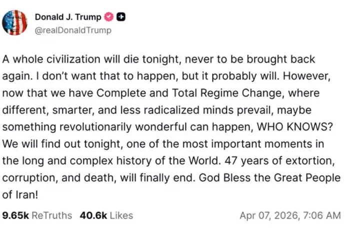 Sammendrag av et innlegg på sosiale medier som uttrykker bekymring for potensielle regimeendring og dens globale innvirkning, med en oppfordring til handling for Iran