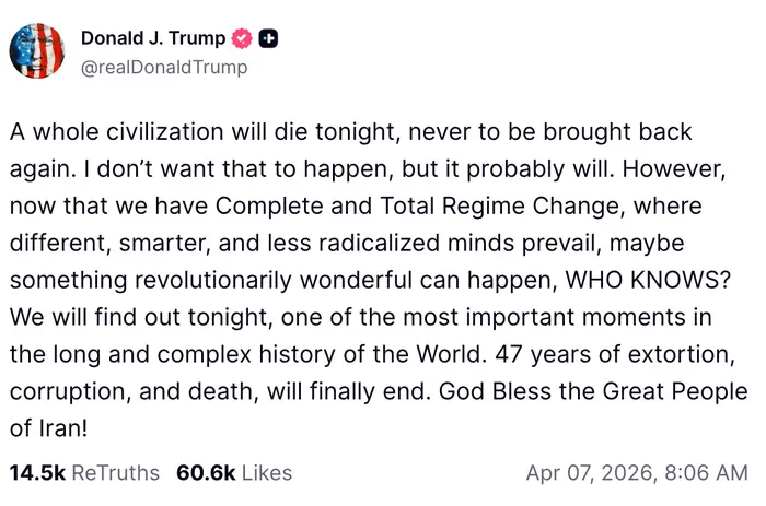 Innlegg på sosiale medier av en offentlig person som uttrykker bekymring for sivilisasjonens fremtid, oppfordrer til regimeskifte og refererer til historiske hendelser og Iran