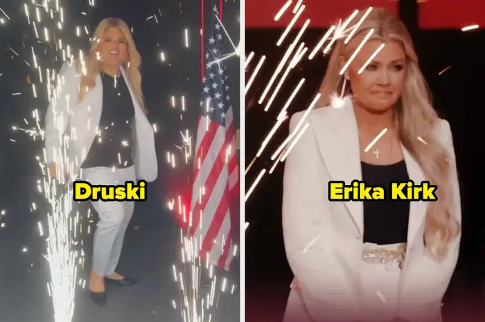 To bilder av en kvinne ved navn Erika Kirk i hvite antrekk. Bildet inkluderer stjernekastere og et amerikansk flaggbakgrunn