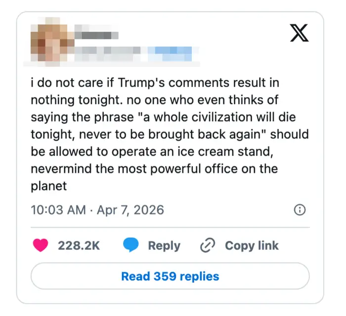 Et innlegg på sosiale medier kritiserer Trumps kommentarer om sivilisasjonens skjebne, og stiller spørsmål ved hans evne til å håndtere betydelig ansvar