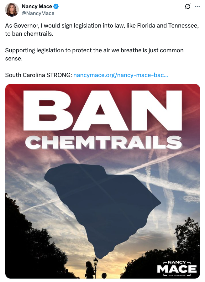 En silhuett av en person som jogger mot en solnedgang der det står «Ban Chemtrails»; med flykontrailer på himmelen over. Teksten nevner støttende lovgivning for å forby chemtrails