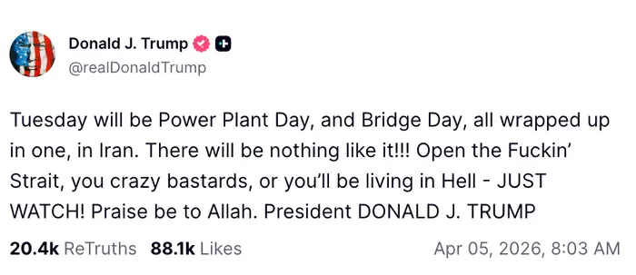 En tweet fra en offentlig person om hendelser i Iran, advarende konsekvenser for ikke å åpne et sund, og nevner kraftverksdagen og brodagen