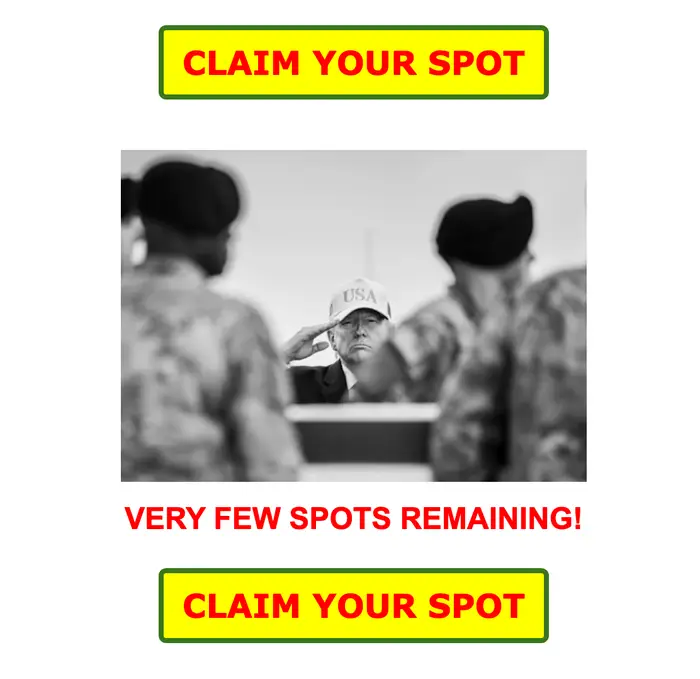 En person hilser i en USA-hatt, innrammet av soldater. Tekst: "Gjør krav på din plass. Svært få plasser igjen! Gjør krav på din plass."